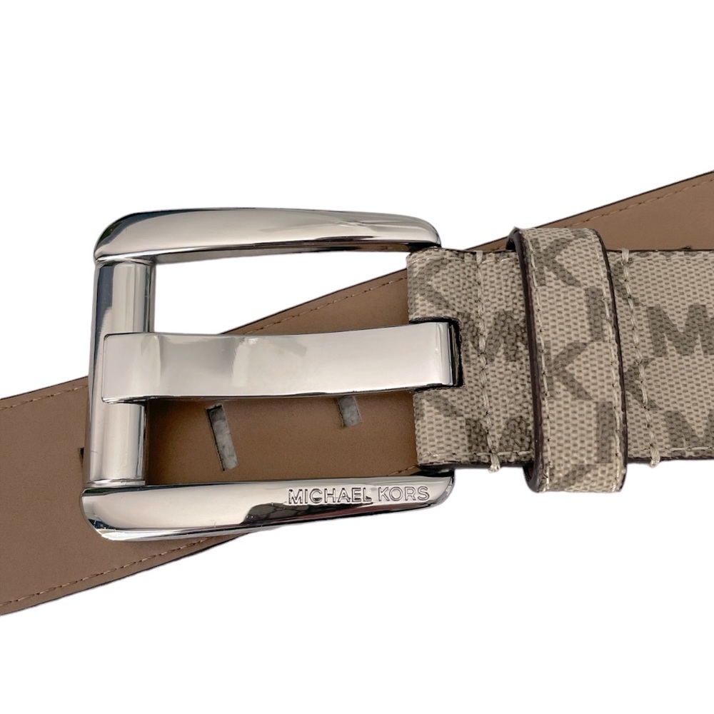 Michael Kors beige tan canvas belt signature coated, logo throughout, silver XL